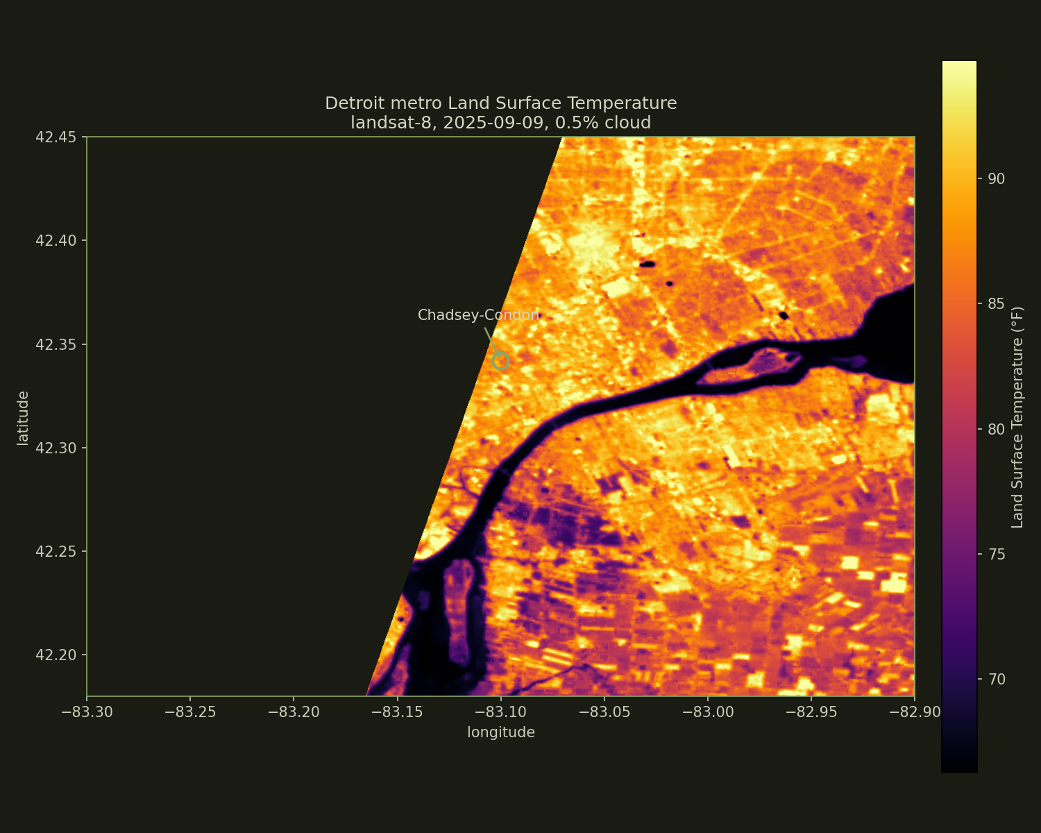 Detroit Land Surface Temperature map for September 9, 2025